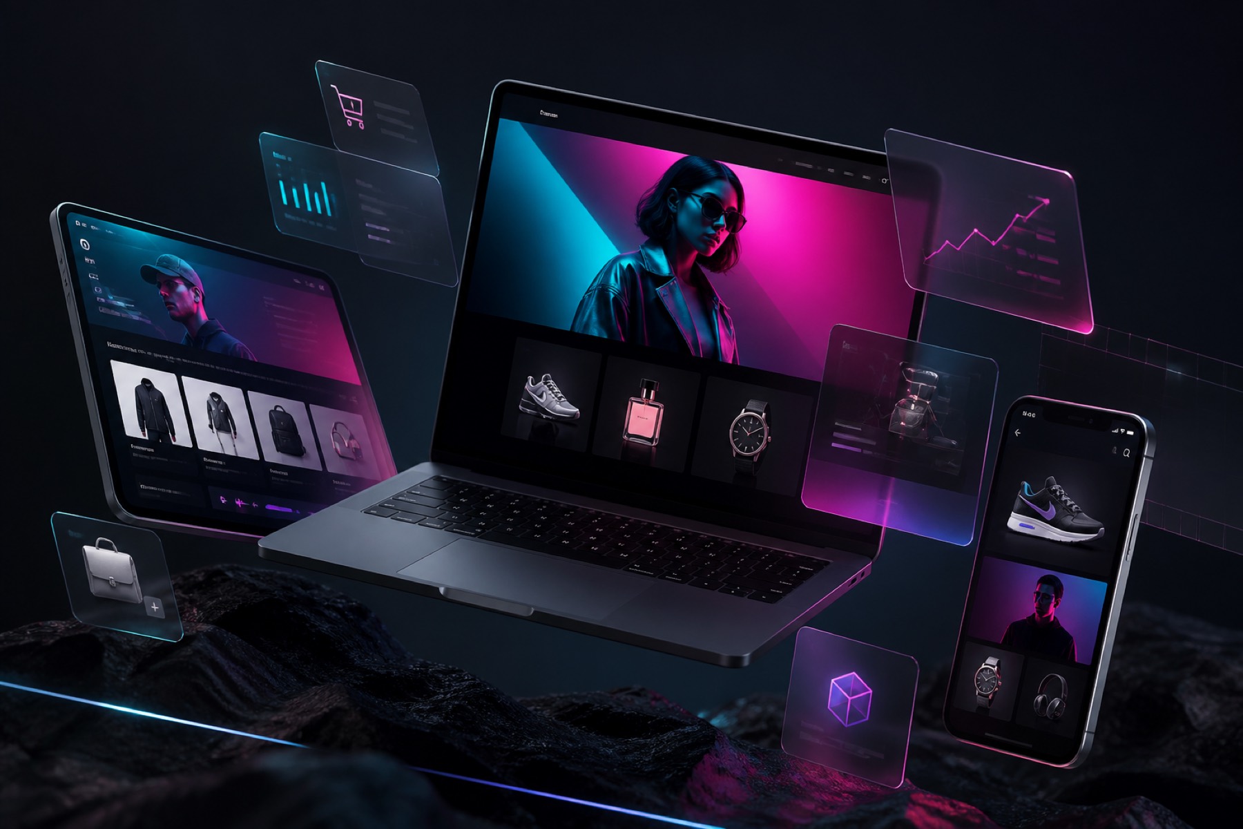 Premium Astreon showcase with layered device screens, storefront previews and crafted visual depth