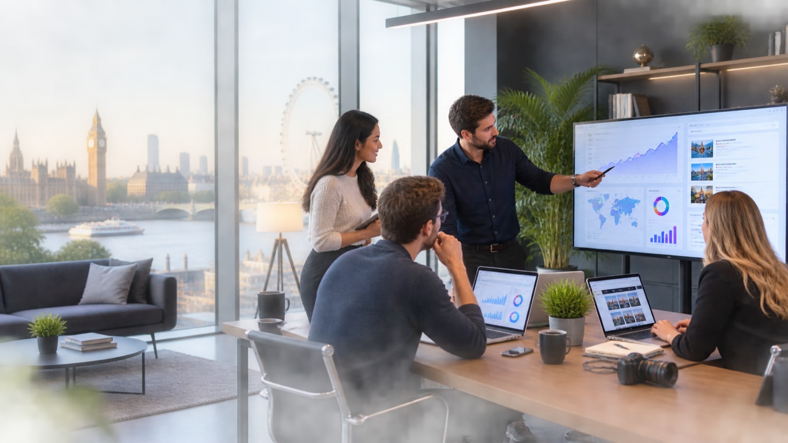 Astreon studio review scene with screens, analytics and collaborative layout review